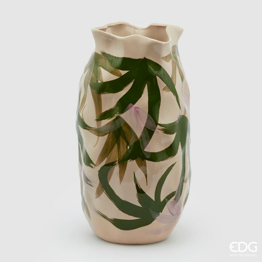 Vaso Chakra Jungle Decorato con Foglie in Ceramica H. 45 D. 24 cm EDG Enzo De Gasperi
