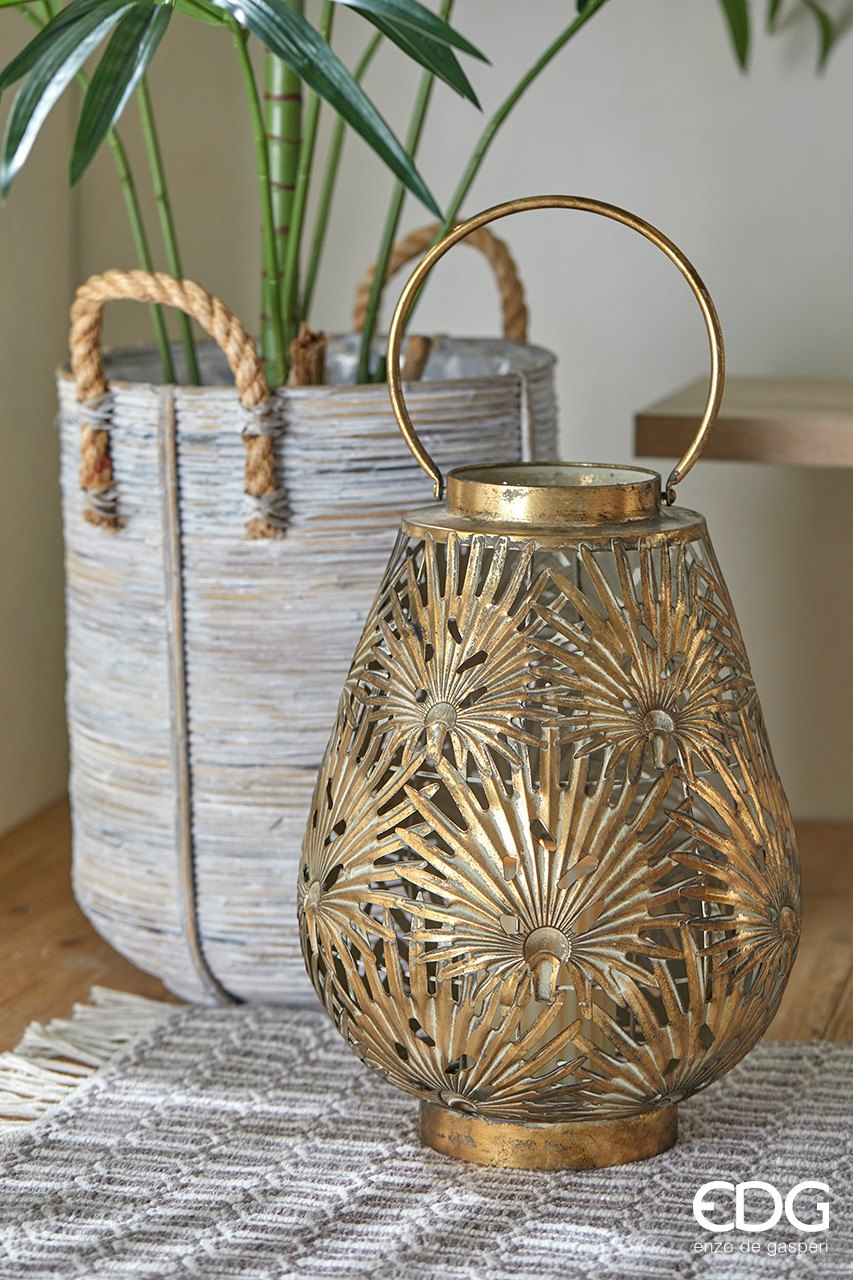 Lanterna in Metallo Oro con Foglie per Interno ed Esterno H. 45 cm EDG Enzo De Gasperi