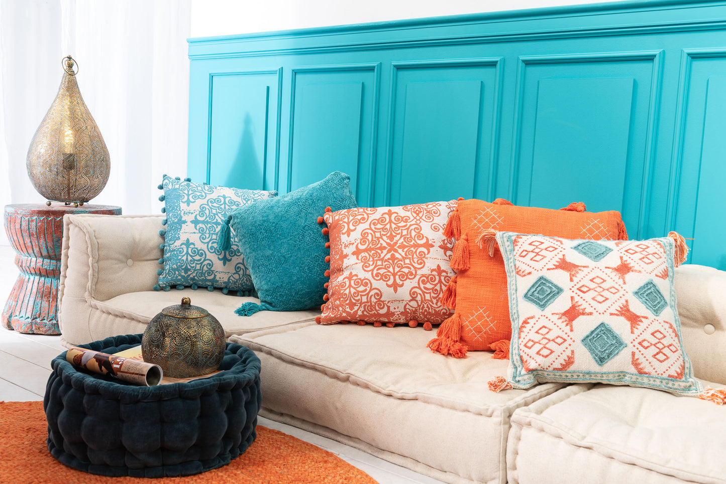 Cuscino Quadrato Sfoderabile in Cotone Arancione e Blu con Decori Geometrici 45×45 cm J-Line by Jolipa
