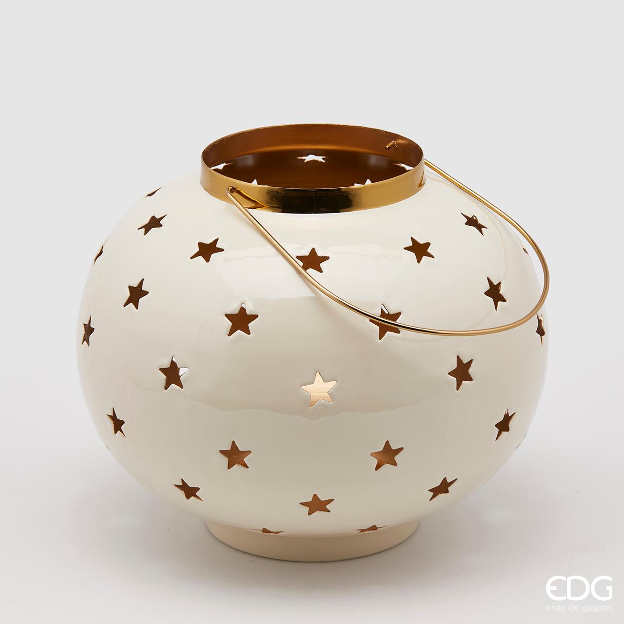 Lanterna in Metallo Avorio con Stelle e Bordi Oro H. 27 cm EDG Enzo De Gasperi