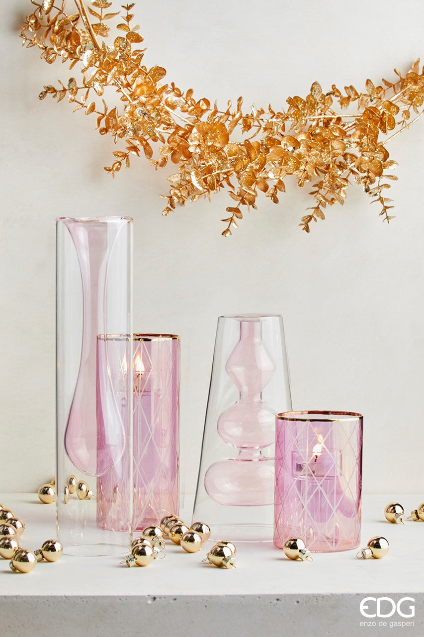 Portacandele Piccolo con Intagli Rosa e Bordo Oro in Vetro EDG Enzo De Gasperi
