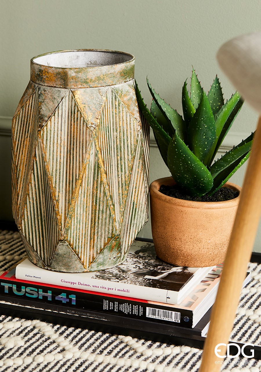 Vaso in Metallo con Decorazioni Geometriche Verde Oro EDG Enzo De Gasperi