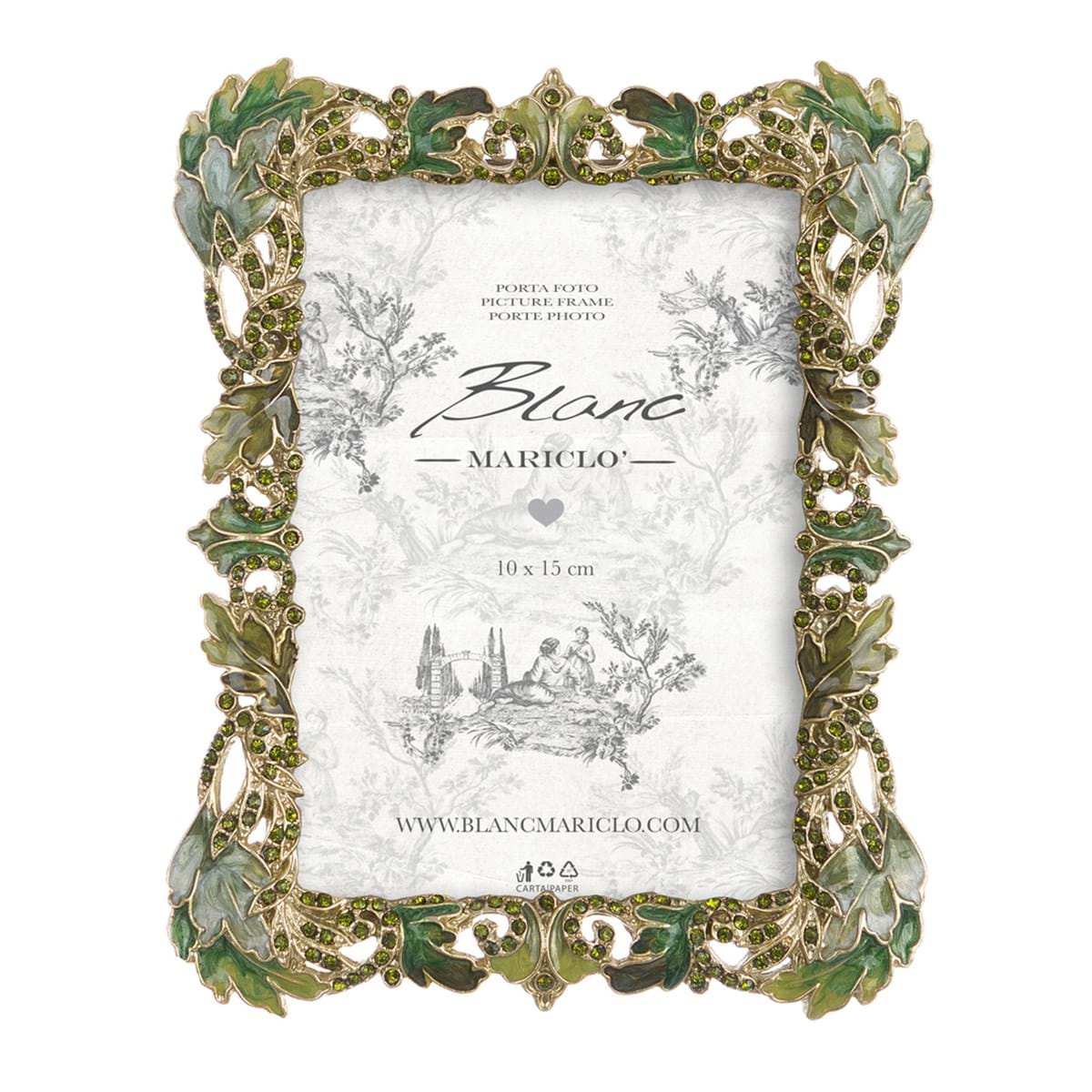 Portafoto in Metallo con Foglie e Strass Verde 12×16 cm Blanc Mariclò