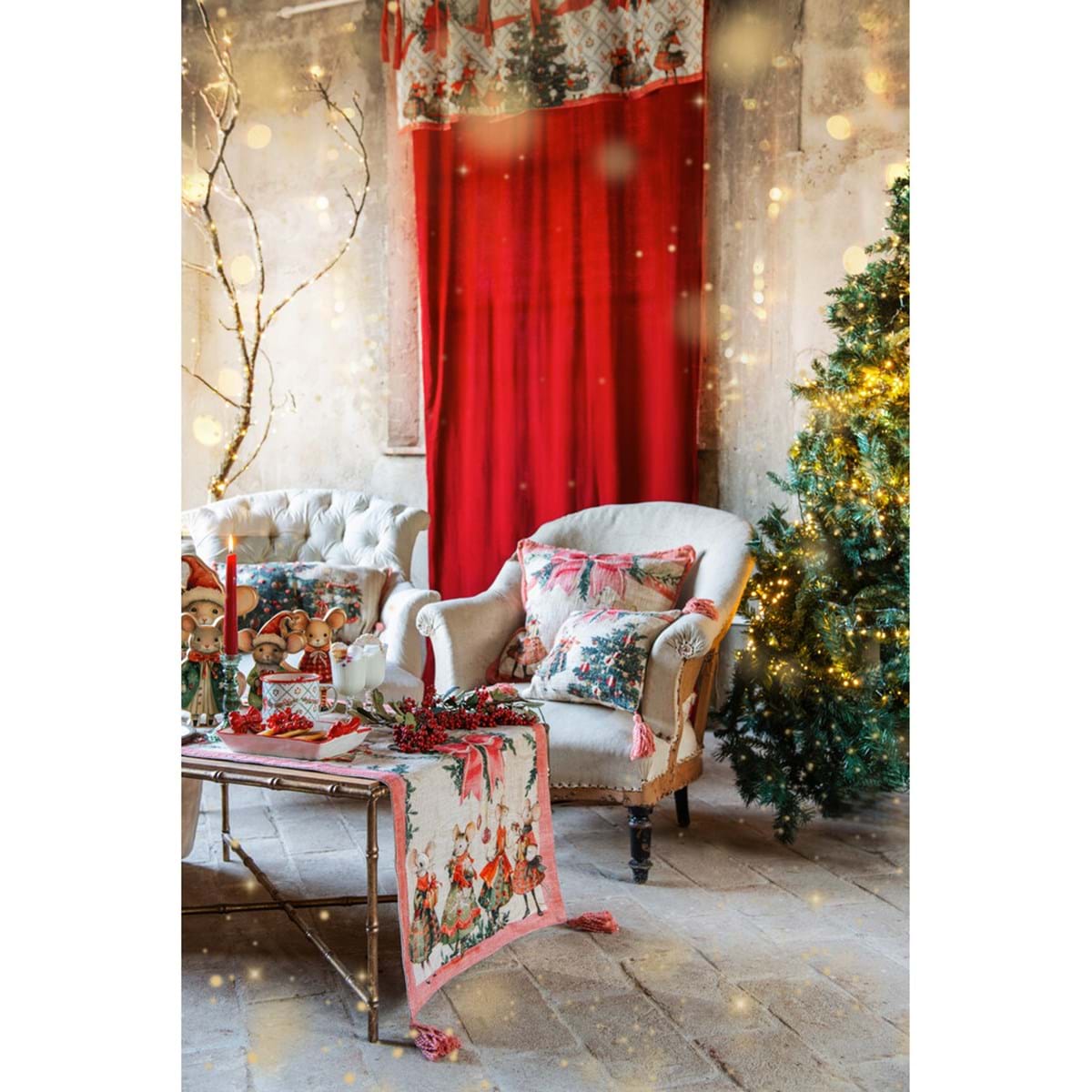 Cuscino Rettangolare con Ricamo Topolina e Pacco Regalo Favola di Natale 35×50 cm Blanc Mariclò
