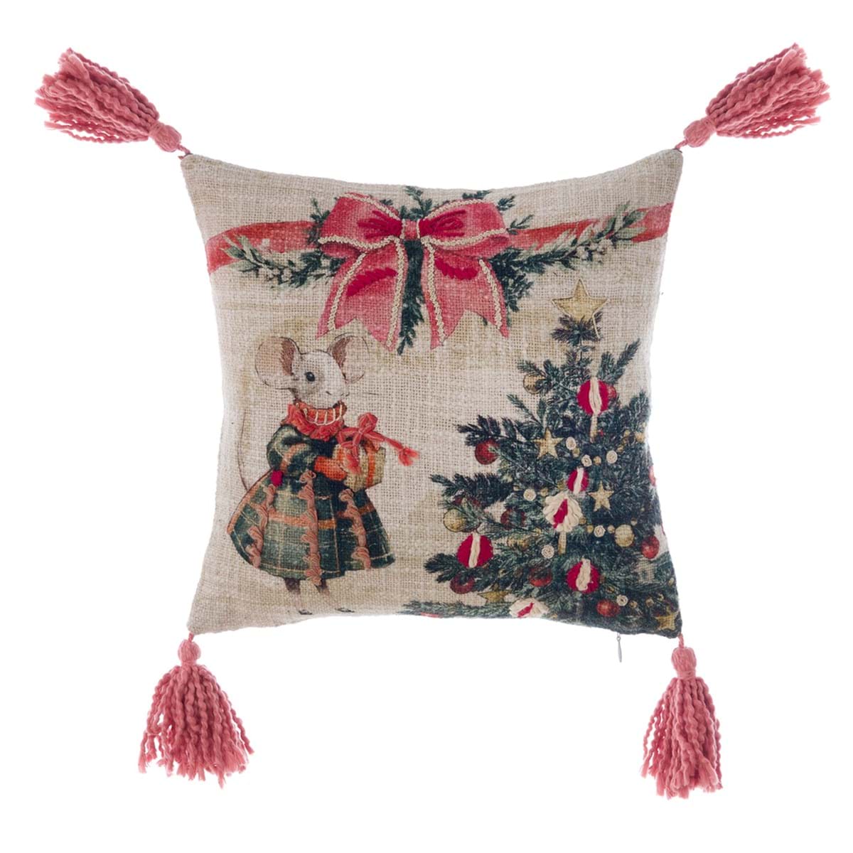 Cuscino con Nappe e Ricamo Topolina Natalizia Favola di Natale 30×30 cm Blanc Mariclò