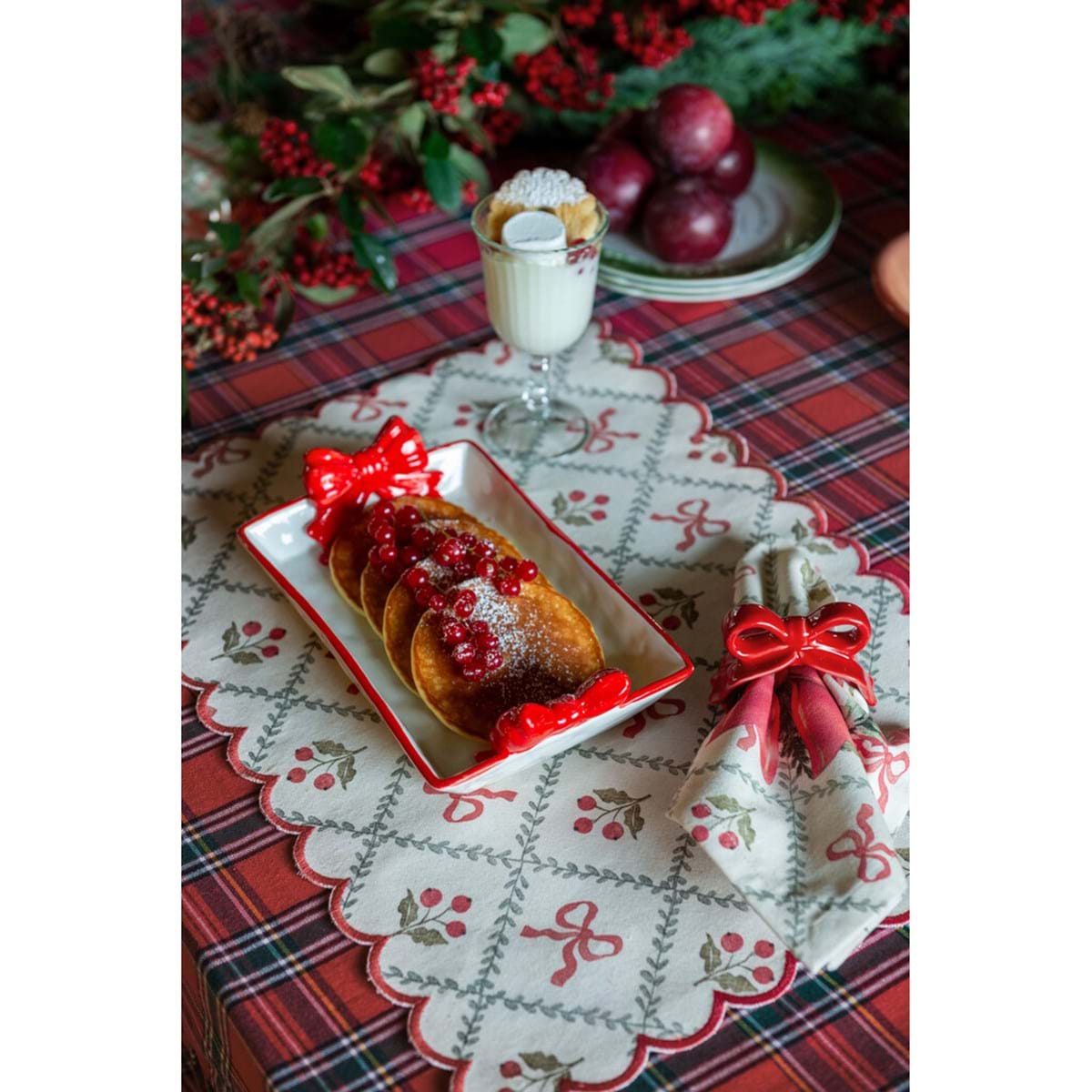 Vassoio in Ceramica Candy Cane con Fiocchi Rossi Blanc Mariclò