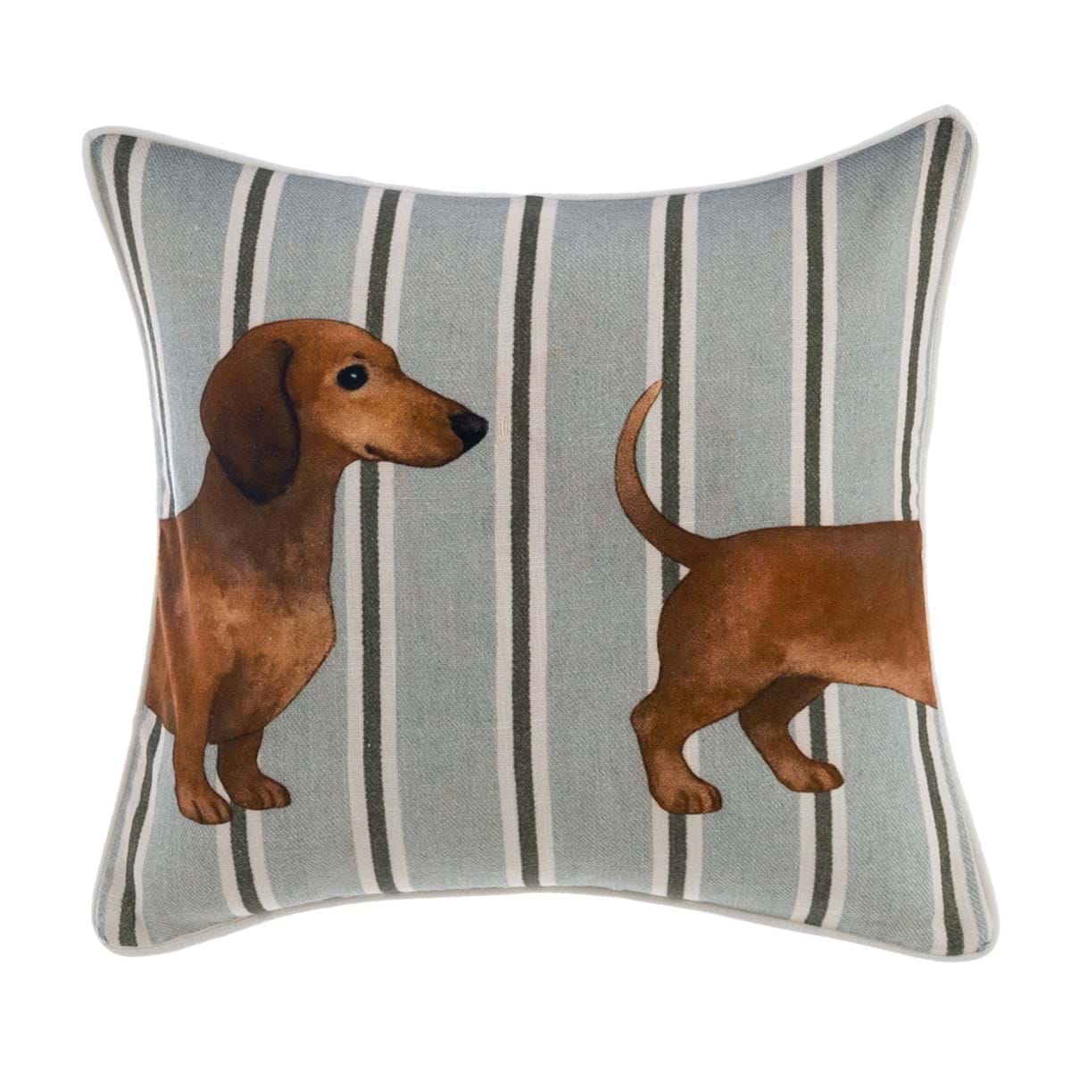 Cuscino Quadrato "Lovely Pets" con Bassotto a Righe Azzurre e Marroni in Cotone 45x45 cm Blanc Mariclò