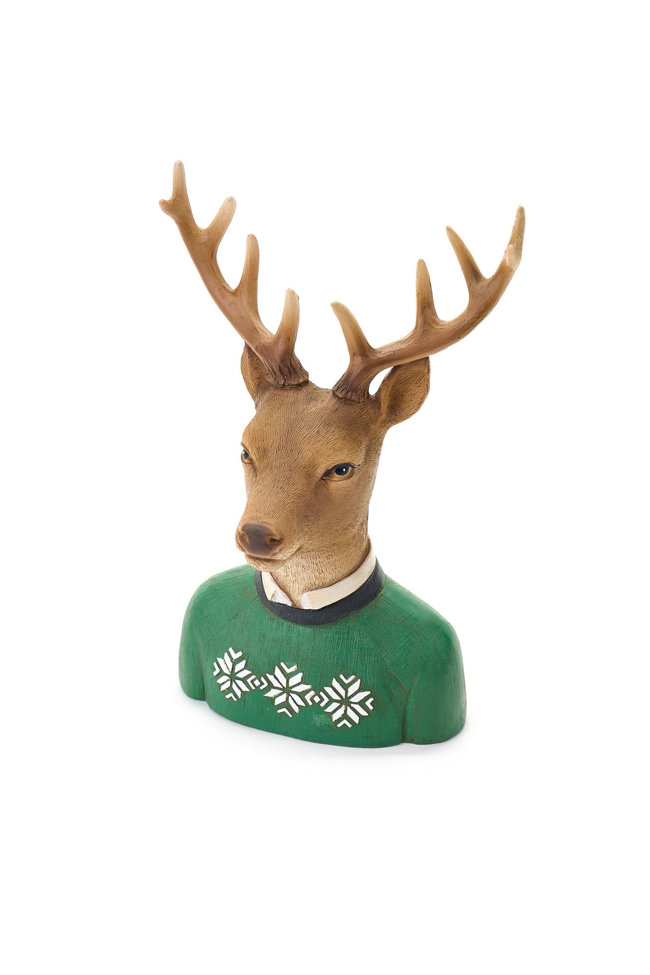 Decoro Renna con Maglione Verde Bosco Incantato in Resina H. 23,5 cm Nuvole di Stoffa