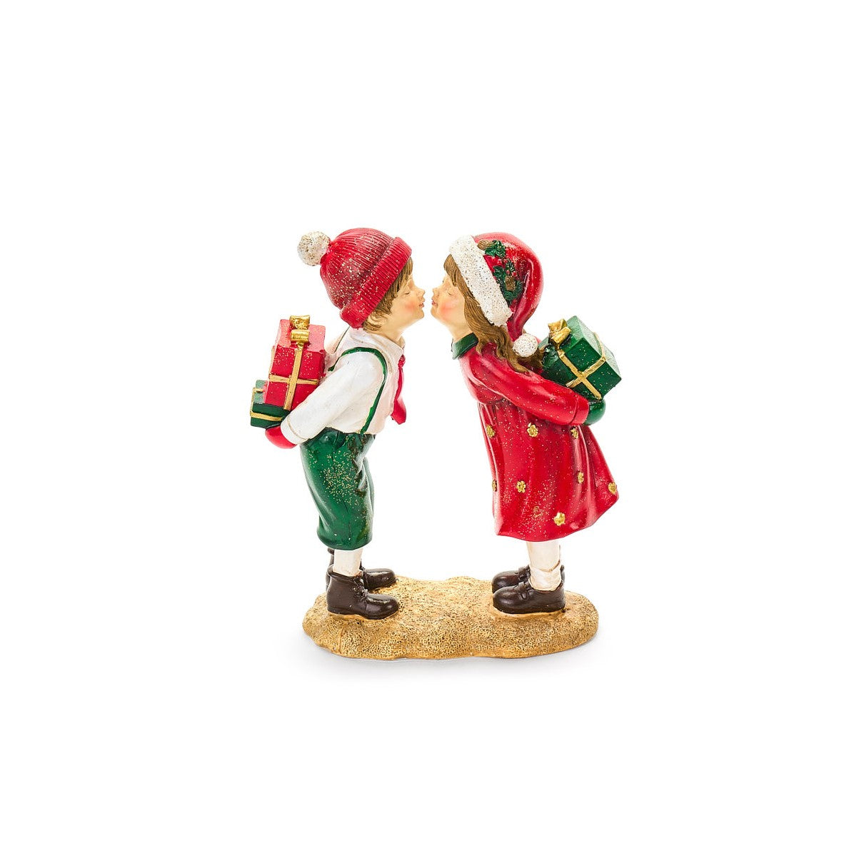 Decoro Bambini Natalizi che si Baciano in Resina H. 18 cm Nuvole di Stoffa
