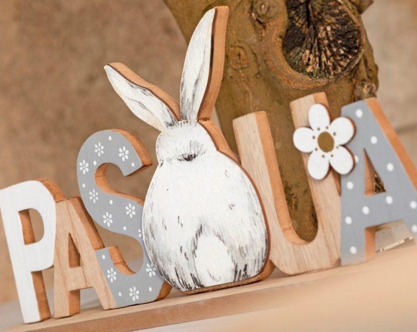 Decoro Scritta PASQUA con Coniglietto in Legno 32x14,5 cm Nuvole di Stoffa