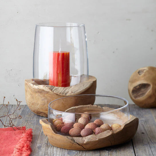 Lanterna Terra con base in legno teak Leonardo