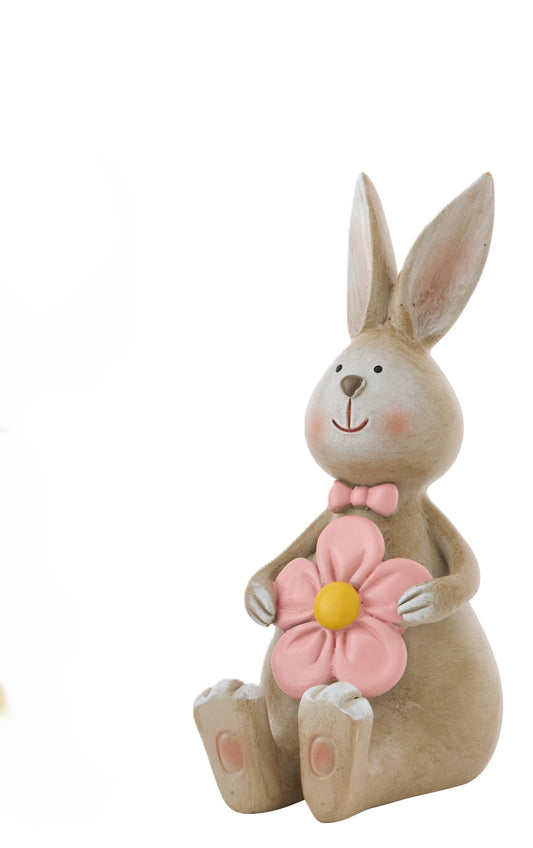 Coniglio con fiore rosa poliresina h. 15 cm. - J LINE by JOLIPA