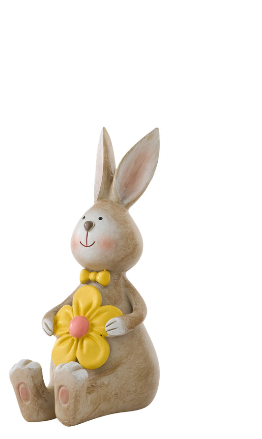 Coniglio con fiore giallo poliresina H. 15cm - J LINE by JOLIP