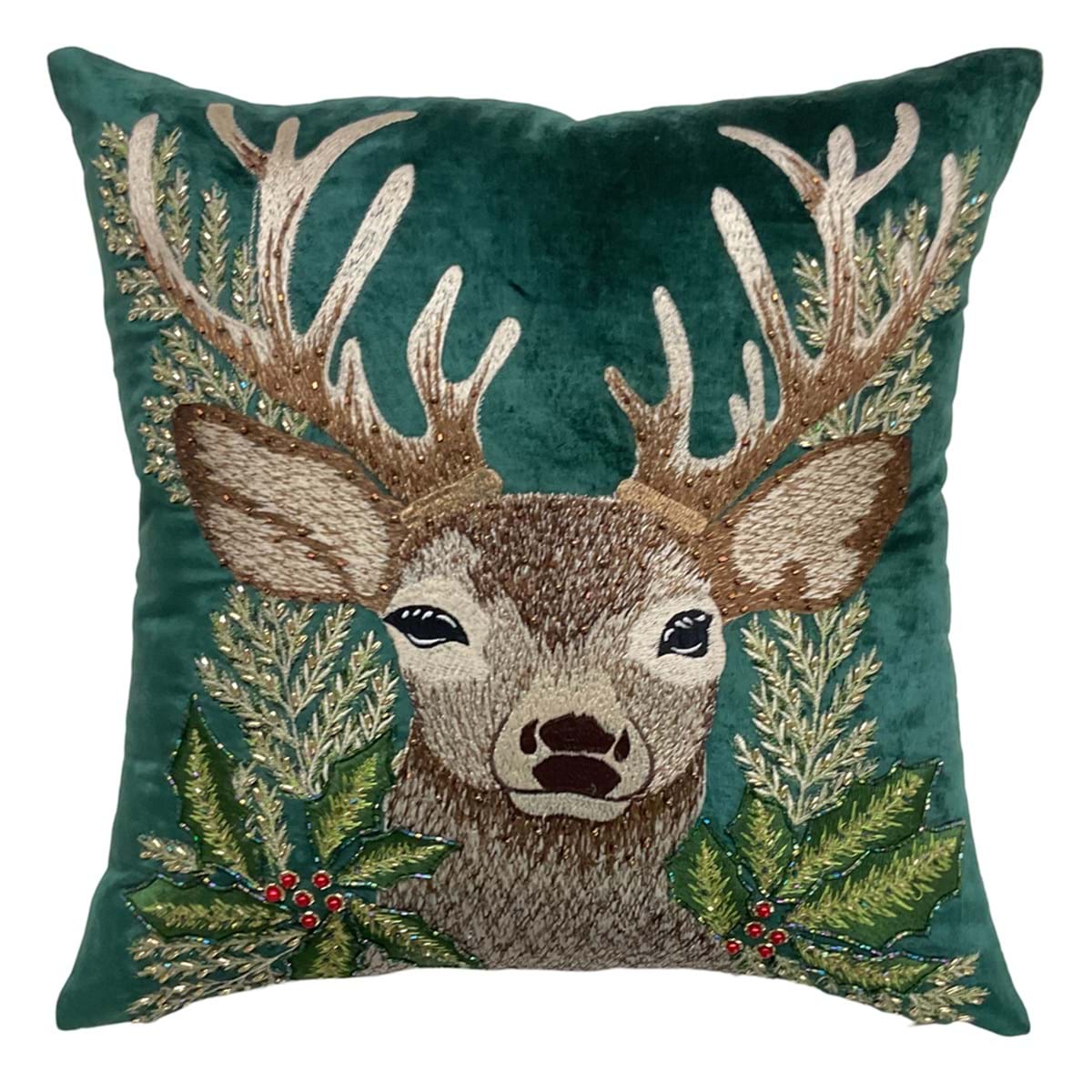 Cuscino in Velluto Verde con Ricamo Renna e Perline in Vetro 45x45 cm Blanc Mariclò