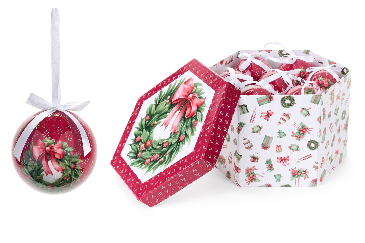 Scatola esagonale con palline "Storia di Natale" NUVOLE DI STOFFA